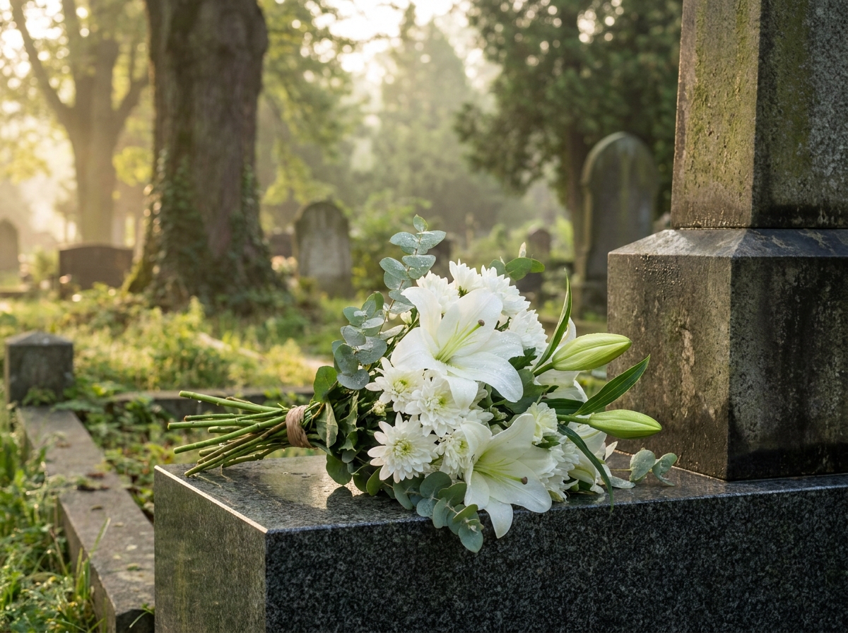 bouquet de lys blancs et chrysanthèmes posé devant une tombe au cimetière