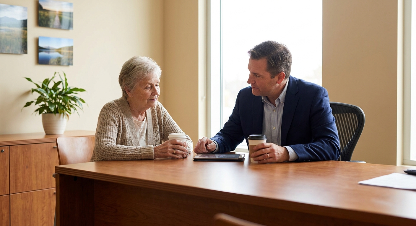 personne âgée discutant sereinement avec un conseiller funéraire dans une agence