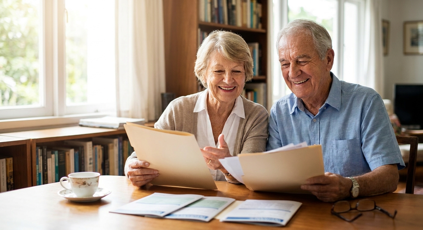 couple de seniors souriant, assis à une table avec des documents de prévoyance obsèques